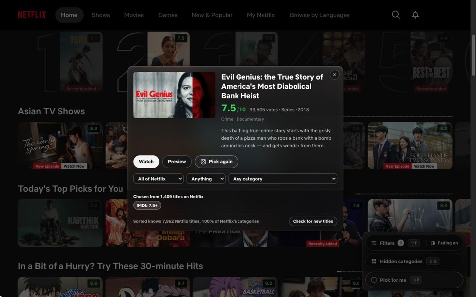 Sorted's picker on Netflix, showing one chosen title with its IMDb rating