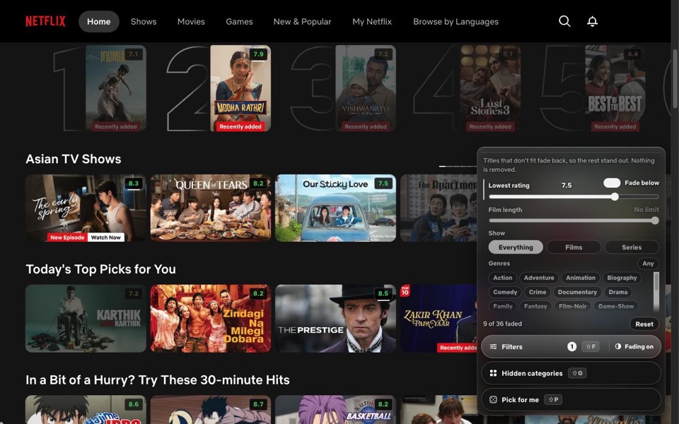 Sorted's filter panel with rating, length, film or series and genre