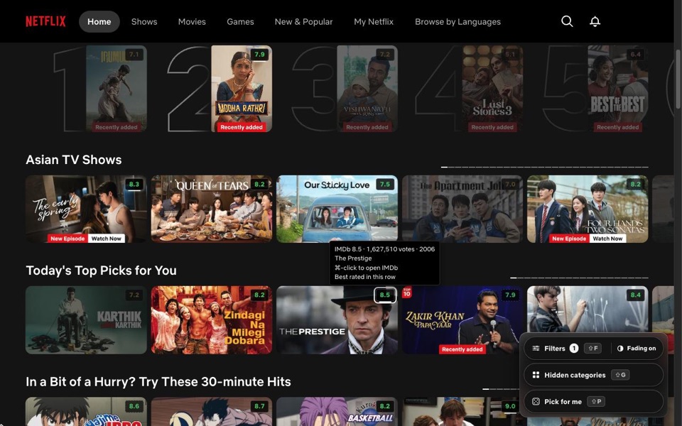Netflix rows with an IMDb rating on every card, low-rated titles faded