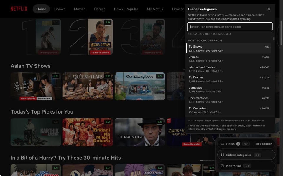 Sorted's panel listing Netflix's hidden categories with a search box